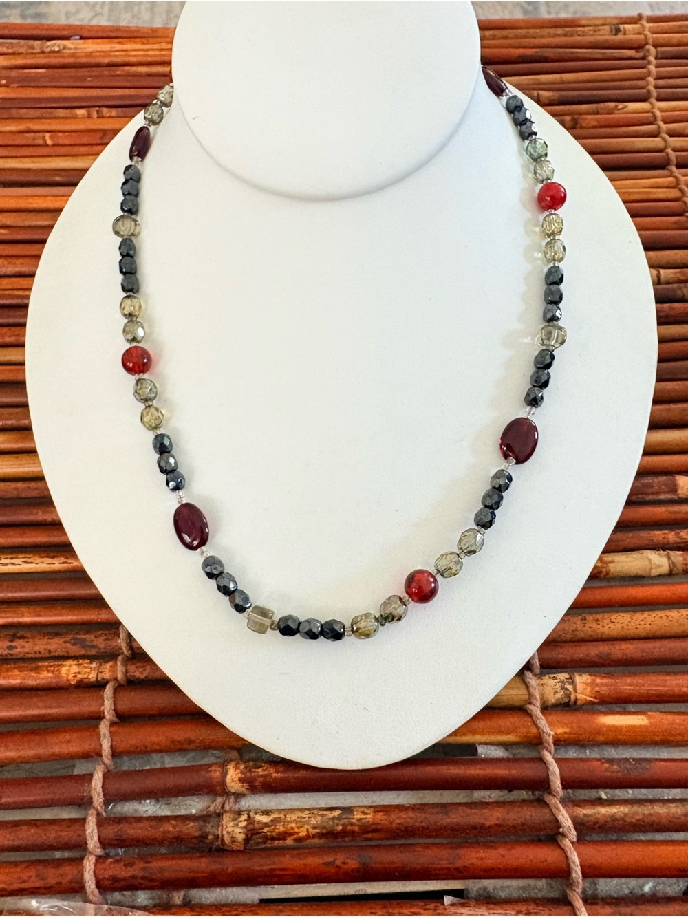 Premier Designs Black, Red and Smoky Glass Beaded Necklace 18.5”